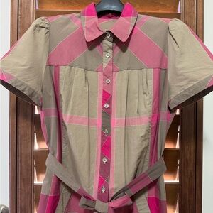 Pink and Tan Plaid Button-Up Dress